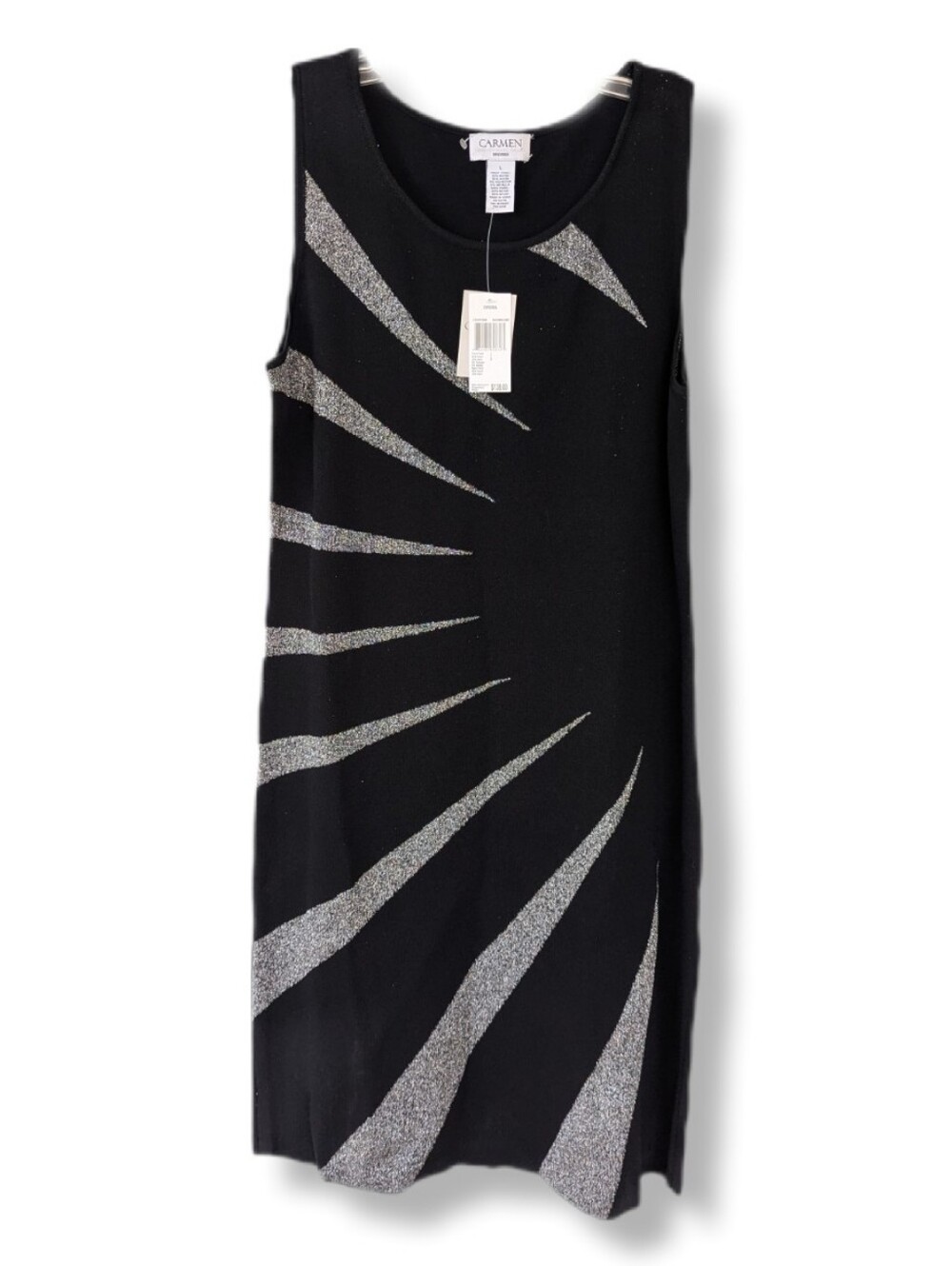 NWT Carmen Marc Valvo Black & Metallic Silver Knit Sleeveless Dress